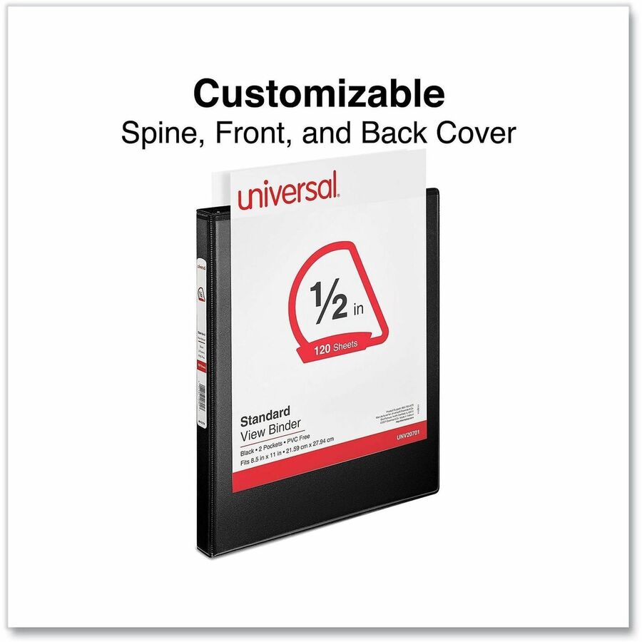Universal Slant D-Ring View Binder, 3 Rings, 0.5" Capacity, 11 x 8.5, Black - 1/2" Binder Capacity - Letter - 8 1/2" x 11" Sheet Size - 120 Sheet Capacity - 3 Ring(s) - Fastener(s): Ring - Pocket(s): 2, Inside Front & Back - Polypropylene - Black - Non...