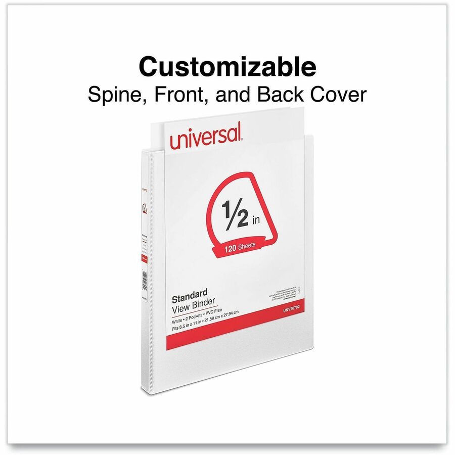 Universal Slant D-Ring View Binder, 3 Rings, 0.5" Capacity, 11 x 8.5, White - 1/2" Binder Capacity - Letter - 8 1/2" x 11" Sheet Size - 120 Sheet Capacity - 3 Ring(s) - Fastener(s): Ring - Pocket(s): 2, Inside Front & Back - Polypropylene - White - Non...