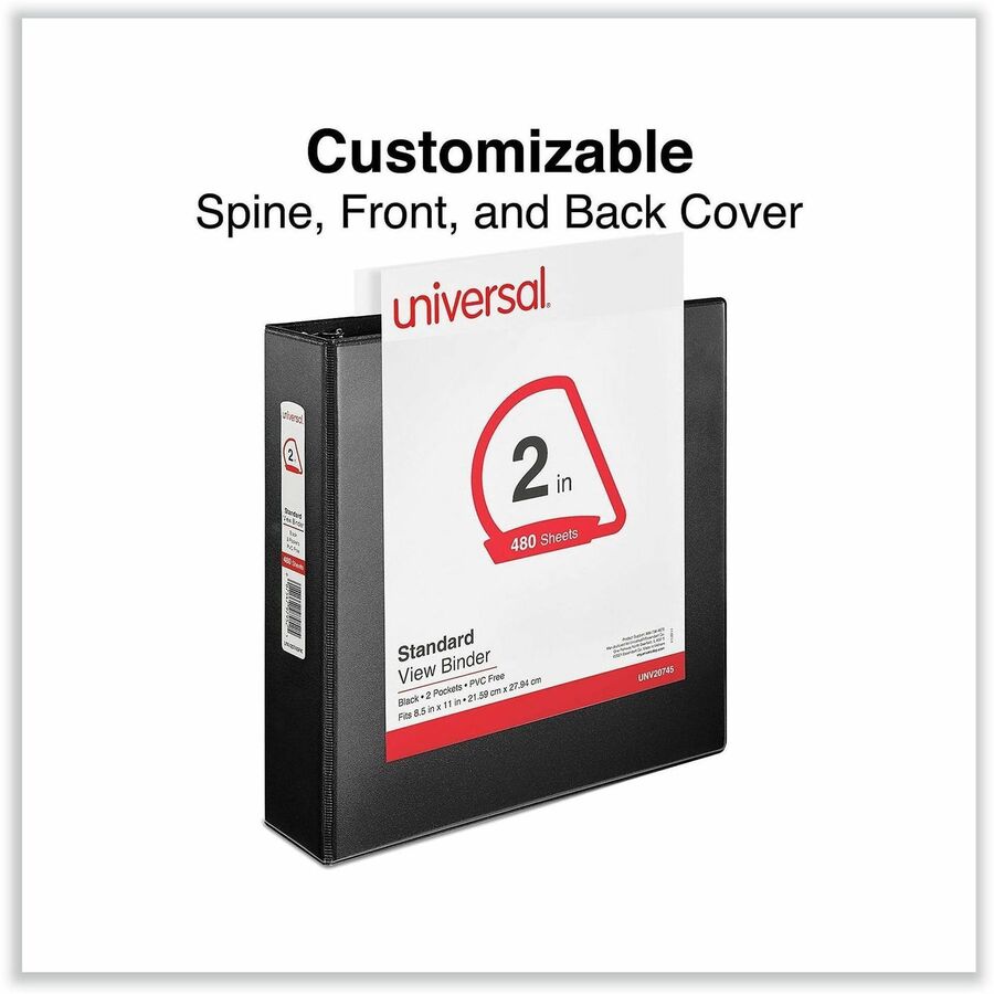 Universal Slant D-Ring View Binder, 3 Rings, 2" Capacity, 11 x 8.5, Black - 2" Binder Capacity - Letter - 8 1/2" x 11" Sheet Size - 500 Sheet Capacity - 3 Ring(s) - Fastener(s): Ring - Pocket(s): 2, Inside Front & Back - Polypropylene - Black - Non-sti...