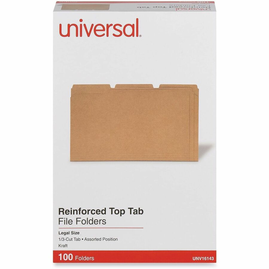 Universal 1/3 Tab Cut Legal Top Tab File Folder - 8 1/2" x 14" - 3/4" Expansion - Assorted Tab Position - 11 pt. - Kraft - 100 Box