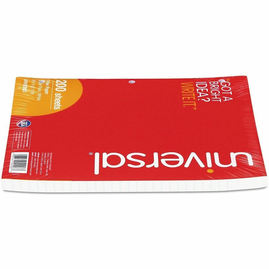Universal Filler Paper, 3-Hole, 8.5 x 11, Wide/Legal Rule, 200/Pack - 200 Sheets - Wide Ruled, Legal Ruled Front Ruling - Red Margin - 3 Hole(s) - 15 lb Basis Weight - White Paper - 200 / Pack