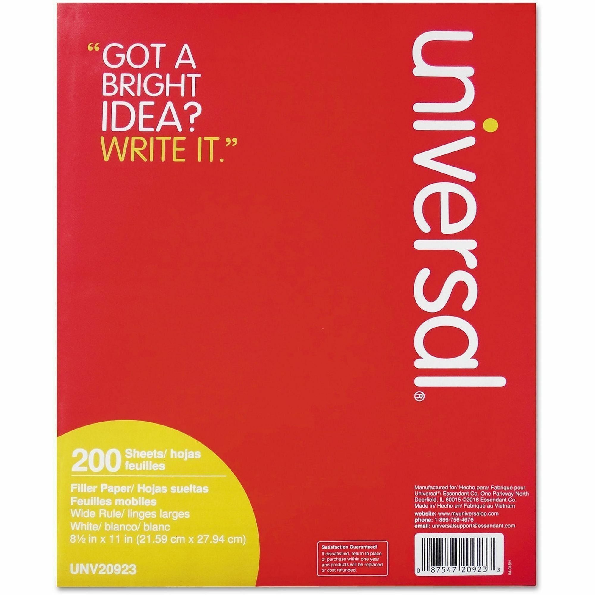 Universal Filler Paper, 3-Hole, 8.5 x 11, Wide/Legal Rule, 200/Pack - 200 Sheets - Wide Ruled, Legal Ruled Front Ruling - Red Margin - 3 Hole(s) - 15 lb Basis Weight - White Paper - 200 / Pack