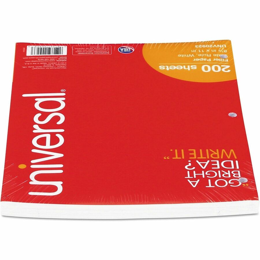 Universal Filler Paper, 3-Hole, 8.5 x 11, Wide/Legal Rule, 200/Pack - 200 Sheets - Wide Ruled, Legal Ruled Front Ruling - Red Margin - 3 Hole(s) - 15 lb Basis Weight - White Paper - 200 / Pack