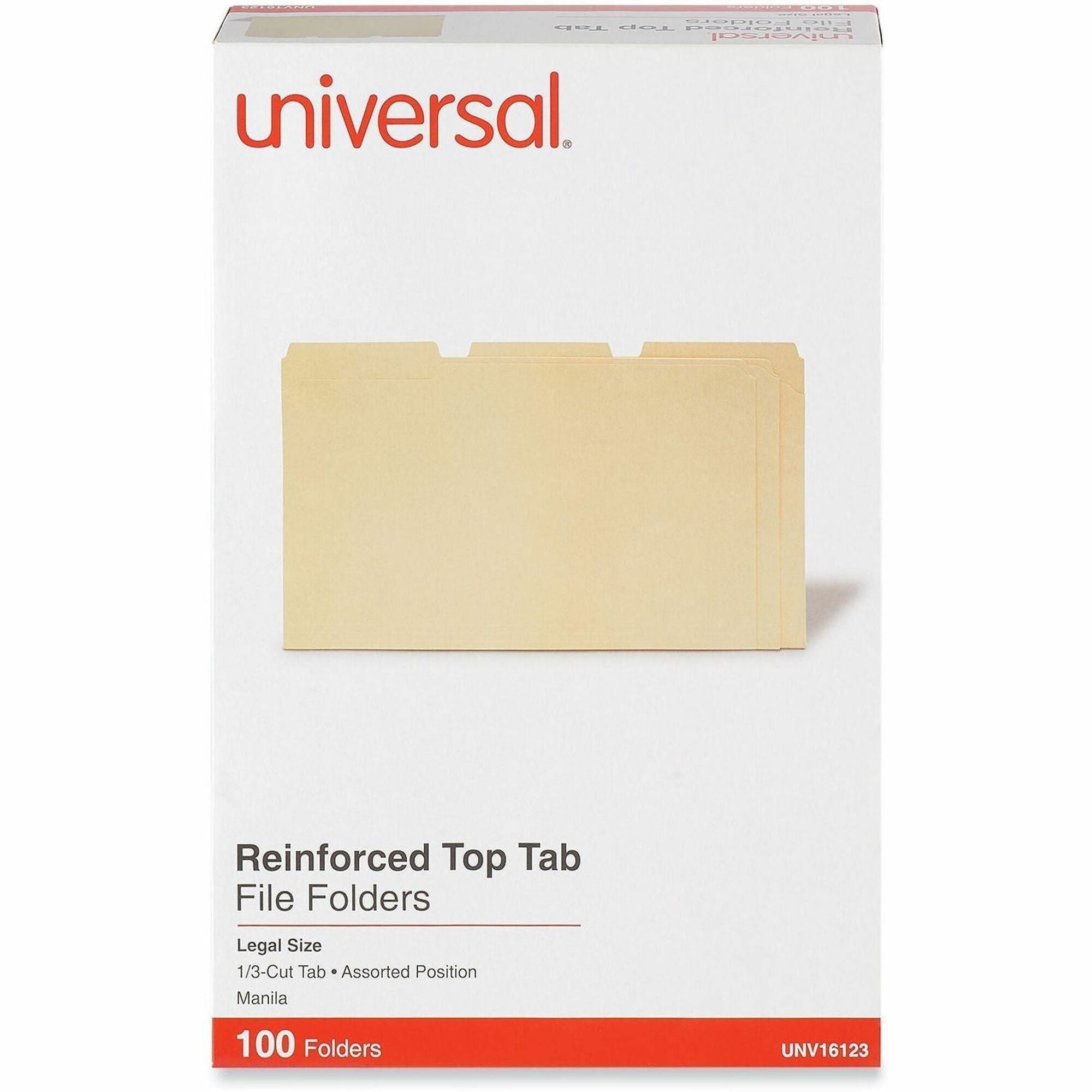 Universal 1/3 Tab Cut Legal Top Tab File Folder - 8 1/2" x 14" - 3/4" Expansion - Assorted Tab Position - 11 pt. - Manila - 100 Box