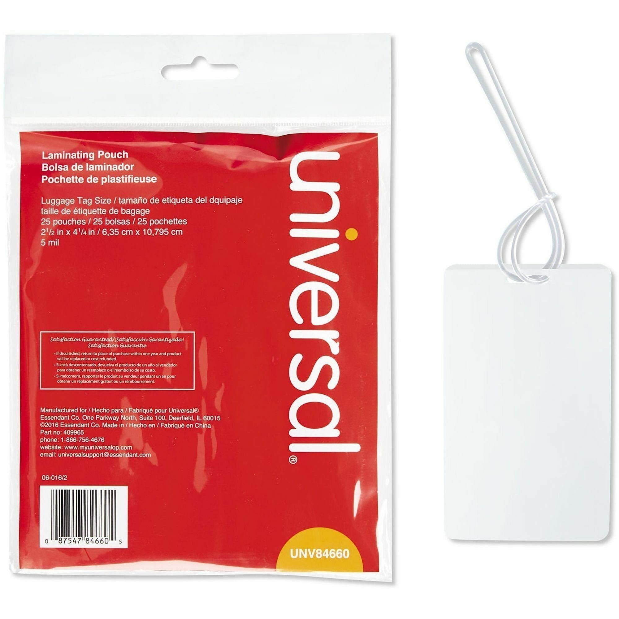 Universal Laminating Pouch - Laminating Pouch/Sheet Size: 4.25" Width x 5 mil Thickness - Matte - for Document, Sign, ID Card, Photo, Luggage Tag - Temperature Resistant, Liquid Resistant - Clear - Plastic - 25 / Pack
