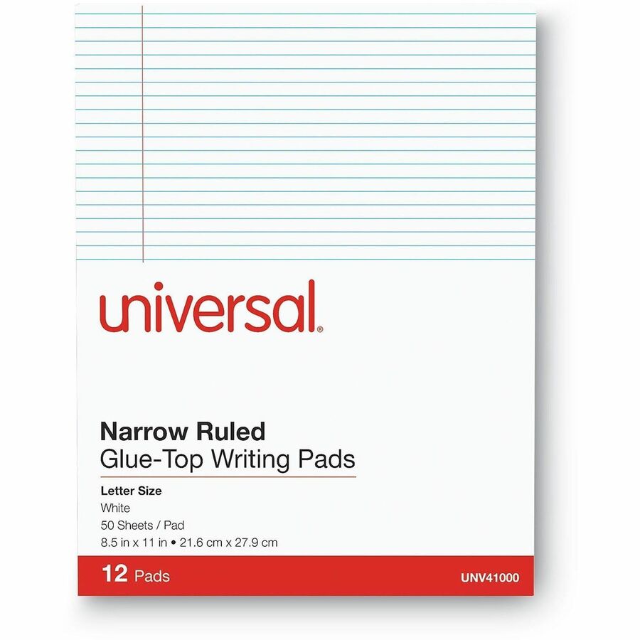 Universal Glue Top Pads, Narrow Rule, 50 White 8.5 x 11 Sheets, Dozen - 1 Subject(s) - 50 Sheets - Glued - Narrow Ruled Front Ruling - 16 lb Basis Weight - 11" Height x 8.5" Width - White Paper - Chipboard Cover - 1 Dozen