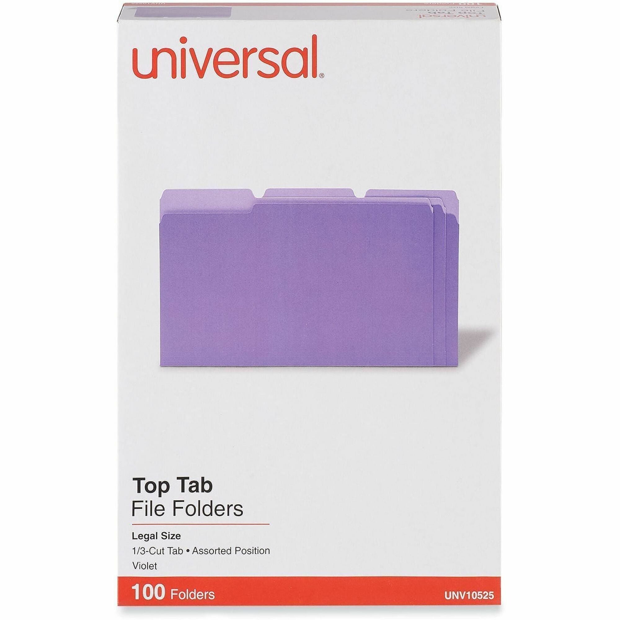 Universal 1/3 Tab Cut Legal Top Tab File Folder - 8 1/2" x 14" - Assorted Tab Position - 11 pt. - Stock - 100 Box