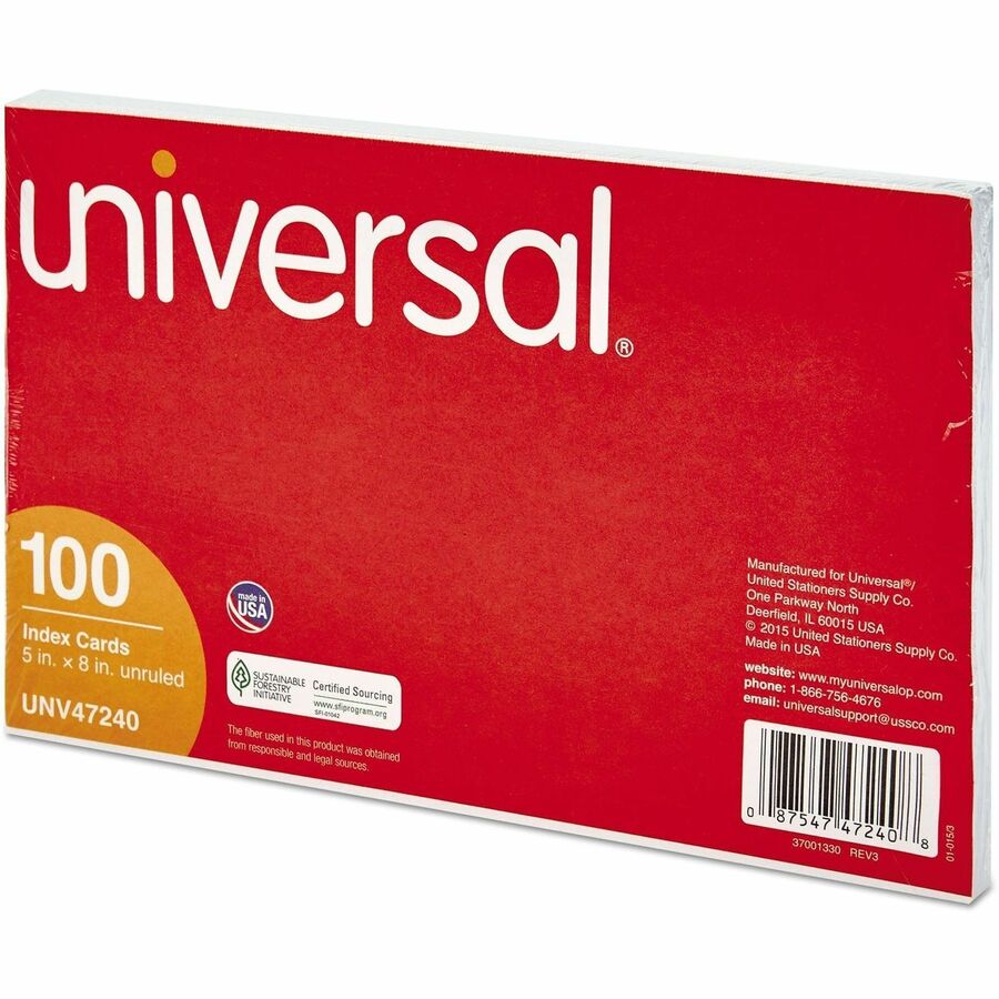 Universal Unruled Index Cards, 5 x 8, White, 100/Pack - 5" Width x 8" LengthRecycled - Unruled - 100 / Pack