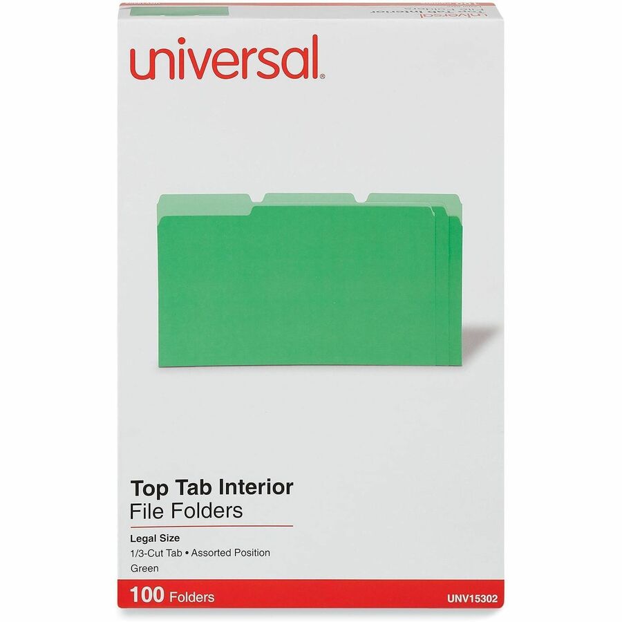 Universal 1/3 Tab Cut Legal Top Tab File Folder - 8 1/2" x 14" - Assorted Tab Position - 11 pt. - Stock - 100 Box