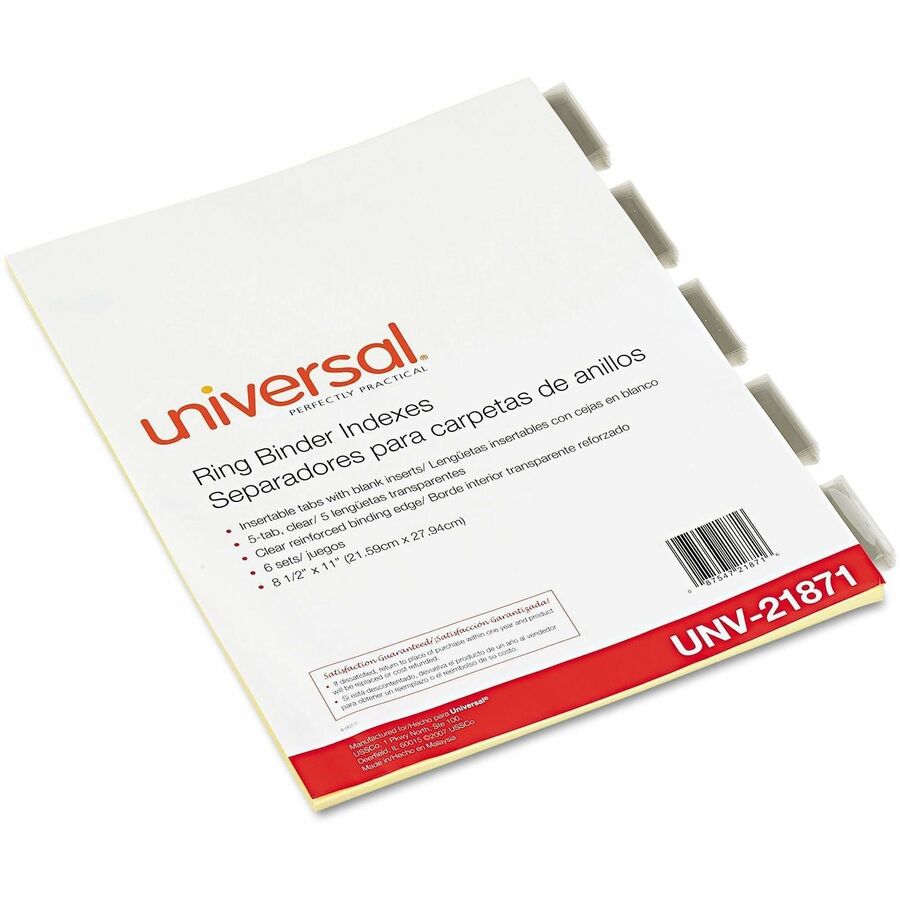 Universal Insertable Tab Index, 5-Tab, 11 x 8.5, Buff, Clear Tabs, 6 Sets - 5 Write-on Side Tab(s) - Letter - 8.50" Width x 11" Length - 3 Hole Punched - Buff Paper Divider - Clear Plastic Tab(s) - Recycled - Customizable, Mylar Reinforced Edge - 6 / Set