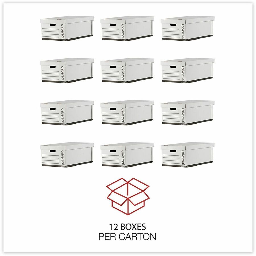 Universal Medium-Duty Easy Assembly Storage Box, Legal Files, White, 12/Carton - Internal Dimensions: 15.13" Width x 24" Depth x 10.25" Height - Media Size Supported: Legal - Lift-off Closure - Medium Duty - Stackable - Corrugated Fiberboard - White - ...