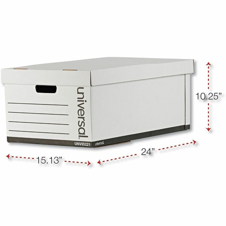 Universal Medium-Duty Easy Assembly Storage Box, Legal Files, White, 12/Carton - Internal Dimensions: 15.13" Width x 24" Depth x 10.25" Height - Media Size Supported: Legal - Lift-off Closure - Medium Duty - Stackable - Corrugated Fiberboard - White - ...
