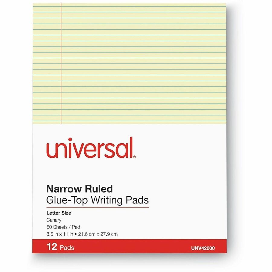 Universal Glue Top Pads, Narrow Rule, 50 Canary-Yellow 8.5 x 11 Sheets, Dozen - 1 Subject(s) - 50 Sheets - Glued - Narrow Ruled Front Ruling - 16 lb Basis Weight - 11" Height x 8.5" Width - Canary Paper - Chipboard Cover - 1 Dozen