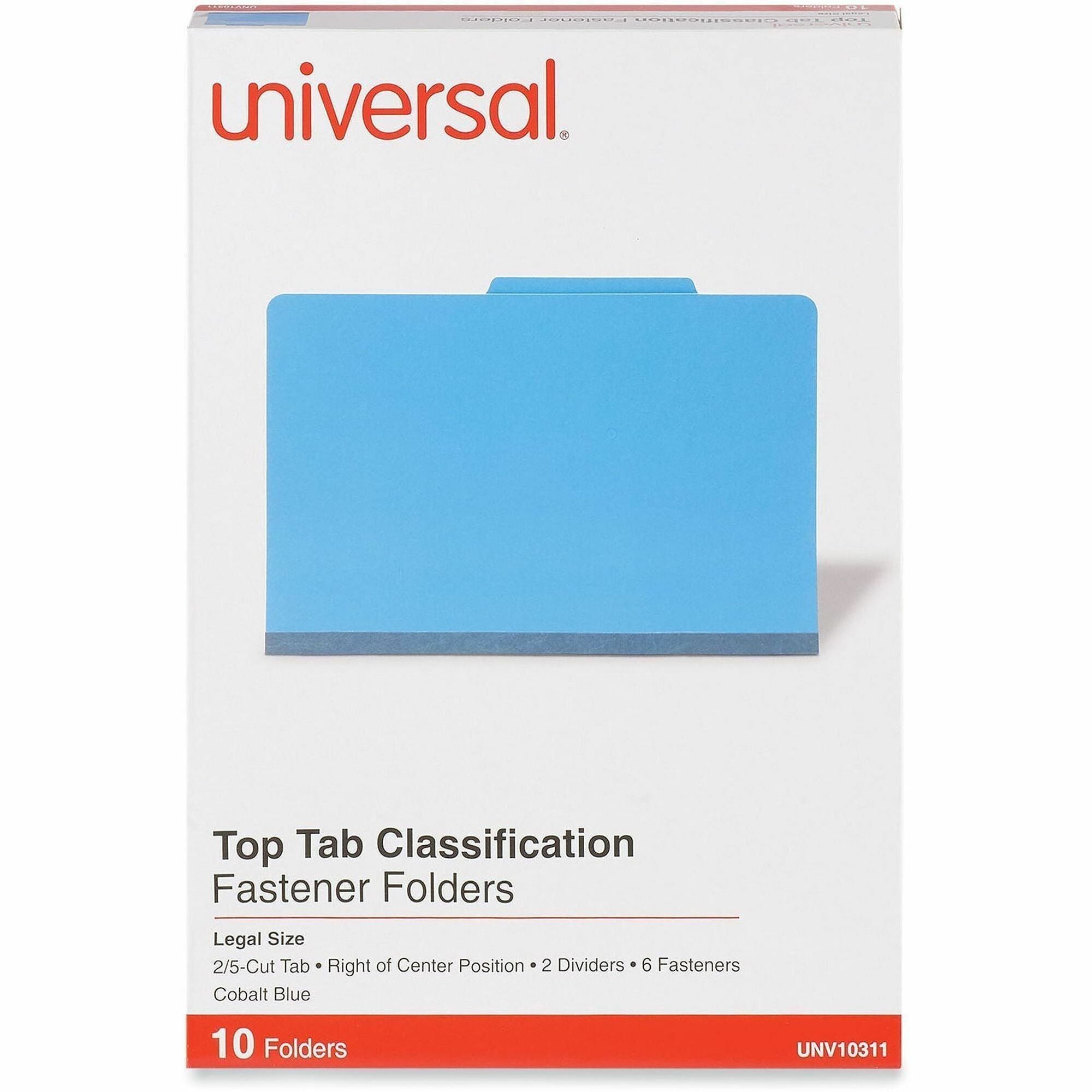 Universal 2/5 Tab Cut Legal Classification Folder - 8 1/2" x 14" - 2" Expansion - 6 Fastener(s) - 2" Fastener Capacity - Top Tab Location - Right of Center Tab Position - 2 Divider(s) - Cobalt Blue - 10 Box