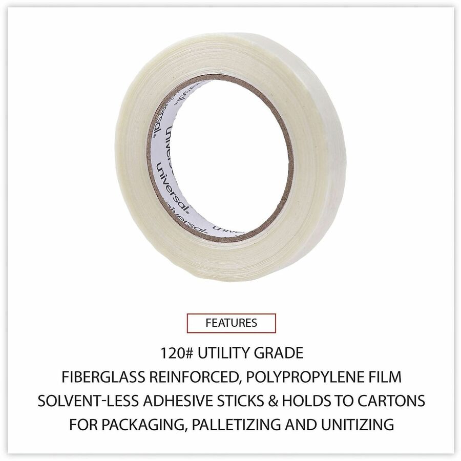 Universal 120# Utility Grade Filament Tape, 3" Core, 18 mm x 54.8 m, Clear - 59.93 yd Length x 0.71" Width x 4.3 mil Thickness - 3" Core - Clear - Synthetic Rubber - Plastic Backing - 1 Roll