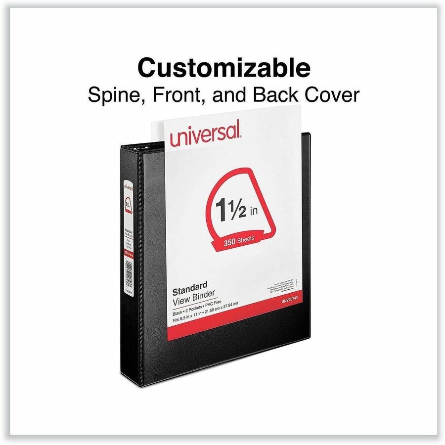 Universal Slant D-Ring View Binder, 3 Rings, 1.5" Capacity, 11 x 8.5, Black - 1 1/2" Binder Capacity - Letter - 8 1/2" x 11" Sheet Size - 375 Sheet Capacity - 3 Ring(s) - Fastener(s): Ring - Pocket(s): 2, Inside Front & Back - Polypropylene - Black - N...