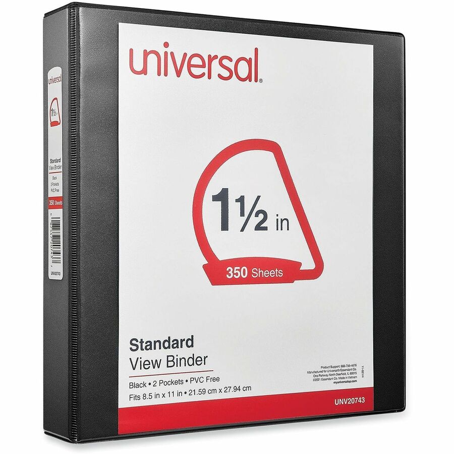 Universal Slant D-Ring View Binder, 3 Rings, 1.5" Capacity, 11 x 8.5, Black - 1 1/2" Binder Capacity - Letter - 8 1/2" x 11" Sheet Size - 375 Sheet Capacity - 3 Ring(s) - Fastener(s): Ring - Pocket(s): 2, Inside Front & Back - Polypropylene - Black - N...