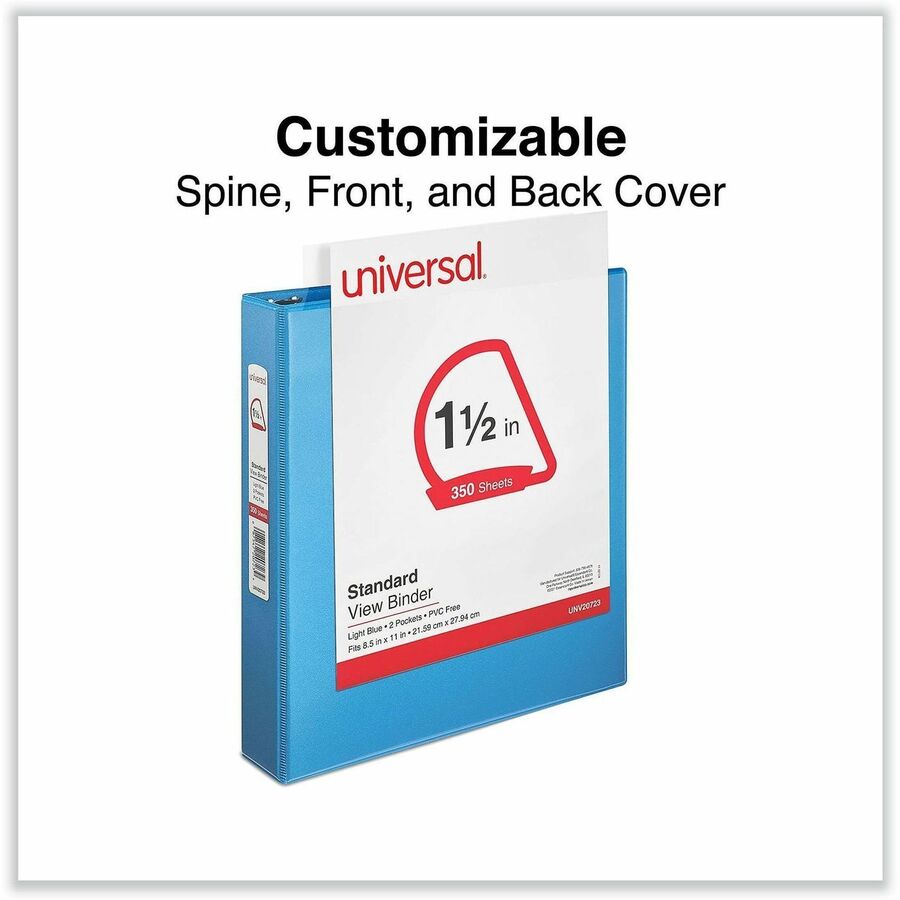 Universal Slant D-Ring View Binder, 3 Rings, 1.5" Capacity, 11 x 8.5, Light Blue - 1 1/2" Binder Capacity - Letter - 8 1/2" x 11" Sheet Size - 350 Sheet Capacity - 3 Ring(s) - Fastener(s): Ring - Pocket(s): 2, Inside Front & Back - Polypropylene - Ligh...