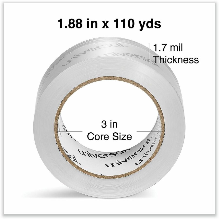 Universal Packaging Tape - 109 yd Length x 1.88" Width x 1.7 mil Thickness - 3" Core - Clear - Acrylic - Plastic Backing - 6 / Pack