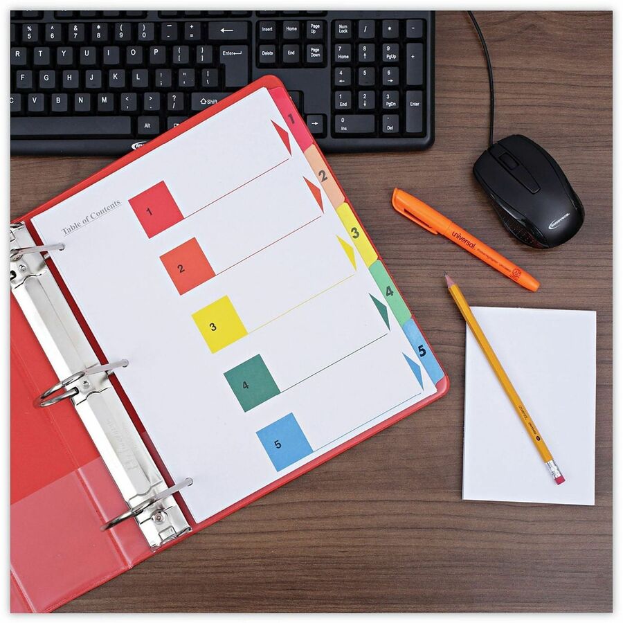 Universal Index Divider - 5 Print-on Side Tab(s) - Digit - 1-5, Table of Contents - 8.5" Divider Width x 11" Divider Length - Letter - 8.50" Width x 11" Length - 3 Hole Punched - White Paper Divider - Assorted Paper Tab(s) - Recycled - Double-sided, My...