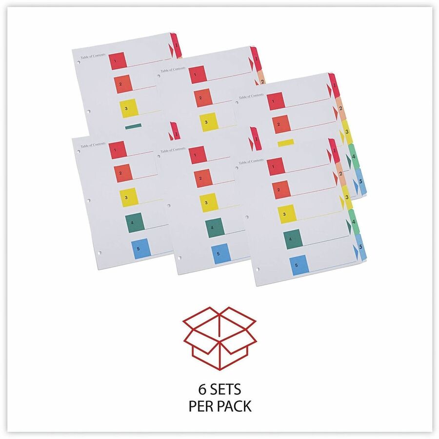 Universal Index Divider - 5 Print-on Side Tab(s) - Digit - 1-5, Table of Contents - 8.5" Divider Width x 11" Divider Length - Letter - 8.50" Width x 11" Length - 3 Hole Punched - White Paper Divider - Assorted Paper Tab(s) - Recycled - Double-sided, My...