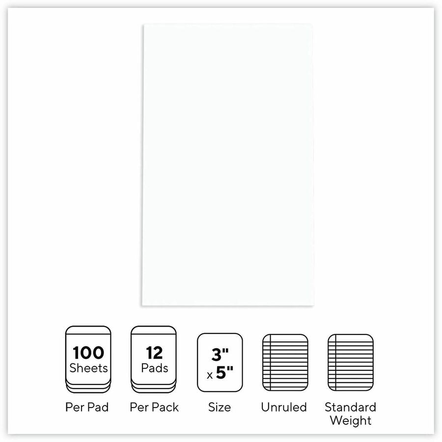 Universal Scratch Pads, Unruled, 3 x 5, White, 100 Sheets, 12/Pack - 1 Subject(s) - 100 Sheets - Plain - Glued - Unruled Front Ruling - 16 lb Basis Weight - 5" Height x 3" Width - White Paper - 12 / Pack