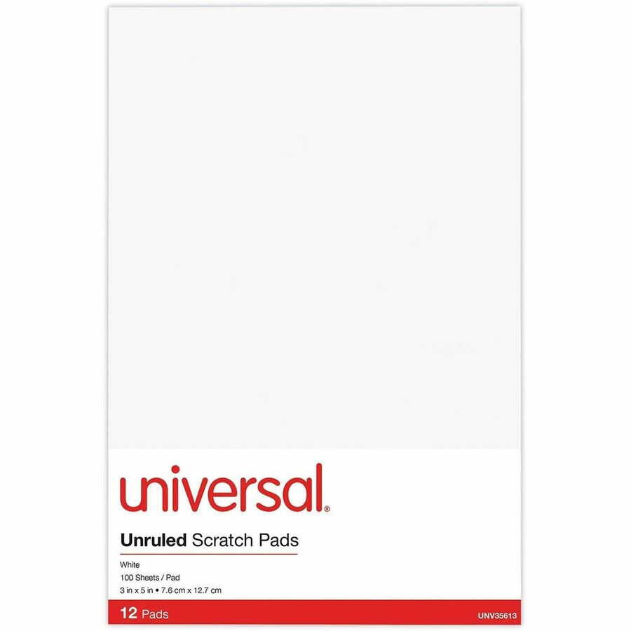 Universal Scratch Pads, Unruled, 3 x 5, White, 100 Sheets, 12/Pack - 1 Subject(s) - 100 Sheets - Plain - Glued - Unruled Front Ruling - 16 lb Basis Weight - 5" Height x 3" Width - White Paper - 12 / Pack