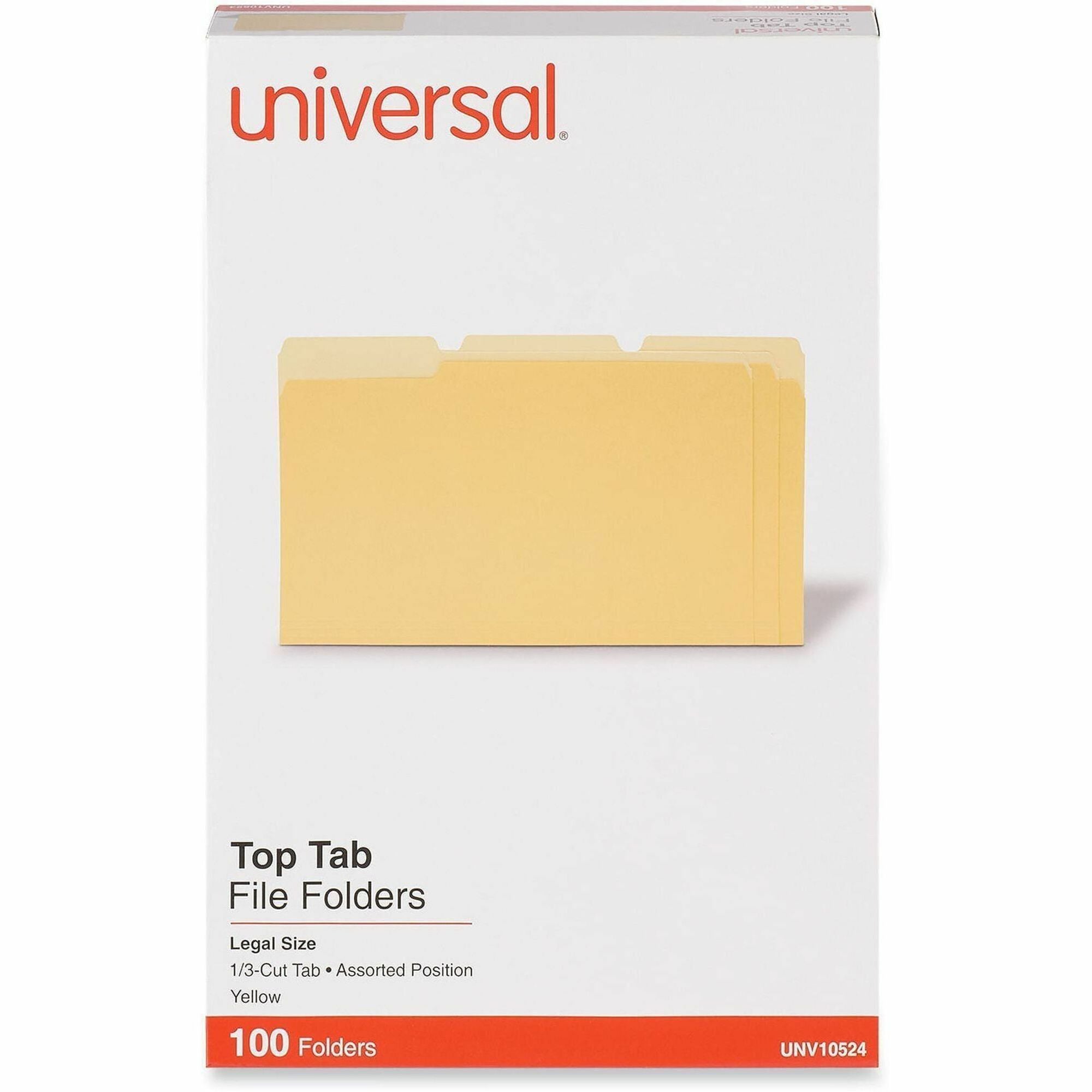 Universal 1/3 Tab Cut Legal Top Tab File Folder - 8 1/2" x 14" - Assorted Tab Position - 11 pt. - Stock - 100 Box