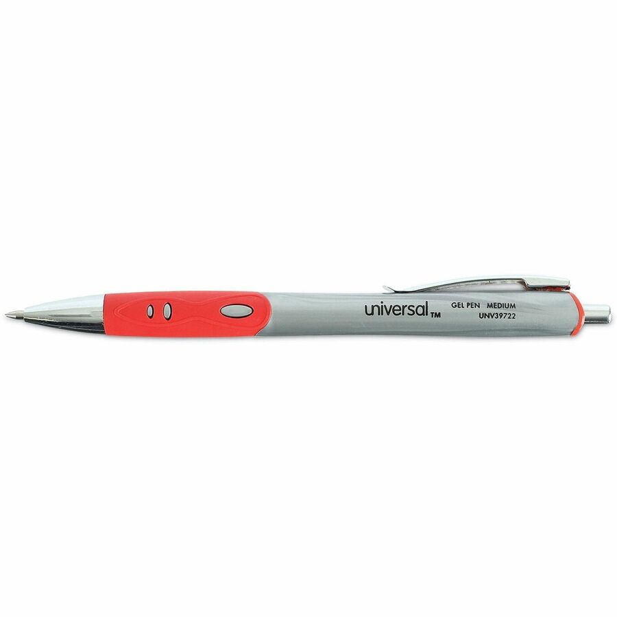 Universal Comfort Grip Gel Pen - 0.7 mm Medium Conical Pen Point - Retractable - Red Ink - Water Based - Gray, Red, Silver Barrel - 1 Dozen