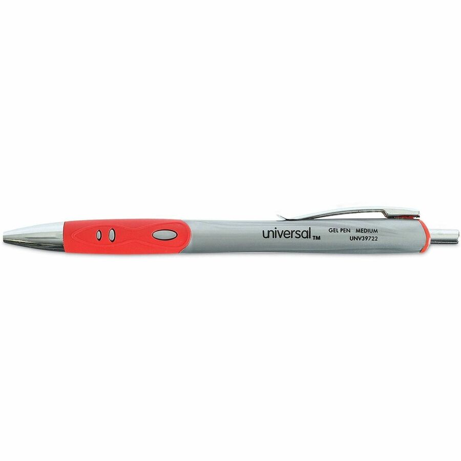 Universal Comfort Grip Gel Pen - 0.7 mm Medium Conical Pen Point - Retractable - Red Ink - Water Based - Gray, Red, Silver Barrel - 1 Dozen