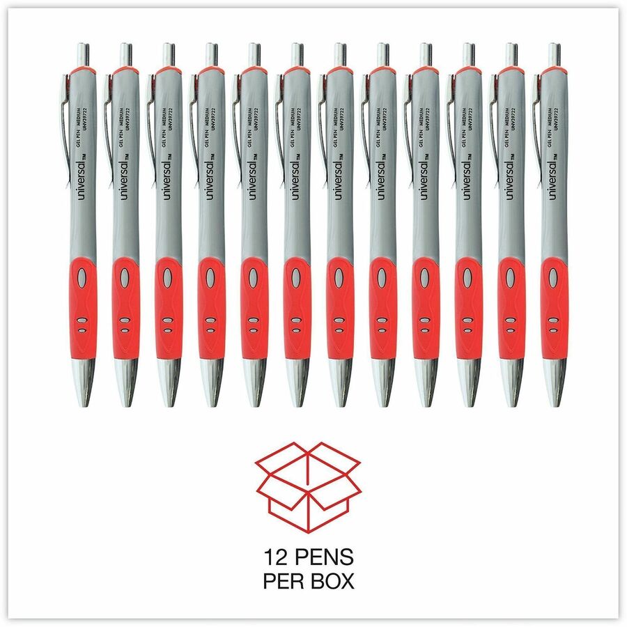 Universal Comfort Grip Gel Pen - 0.7 mm Medium Conical Pen Point - Retractable - Red Ink - Water Based - Gray, Red, Silver Barrel - 1 Dozen