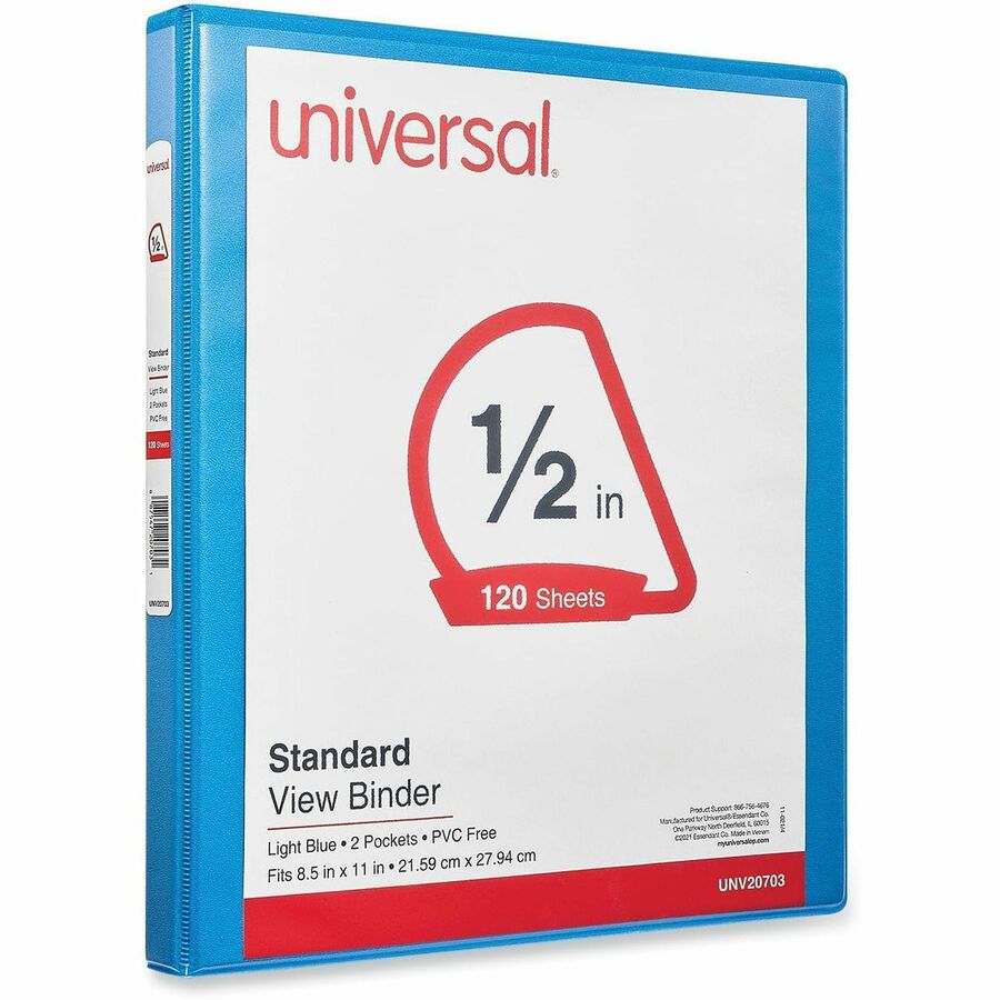 Universal Slant D-Ring View Binder, 3 Rings, 0.5" Capacity, 11 x 8.5, Light Blue - 1/2" Binder Capacity - Letter - 8 1/2" x 11" Sheet Size - 120 Sheet Capacity - 3 Ring(s) - Fastener(s): Ring - Pocket(s): 2, Inside Front & Back - Polypropylene - Light ...