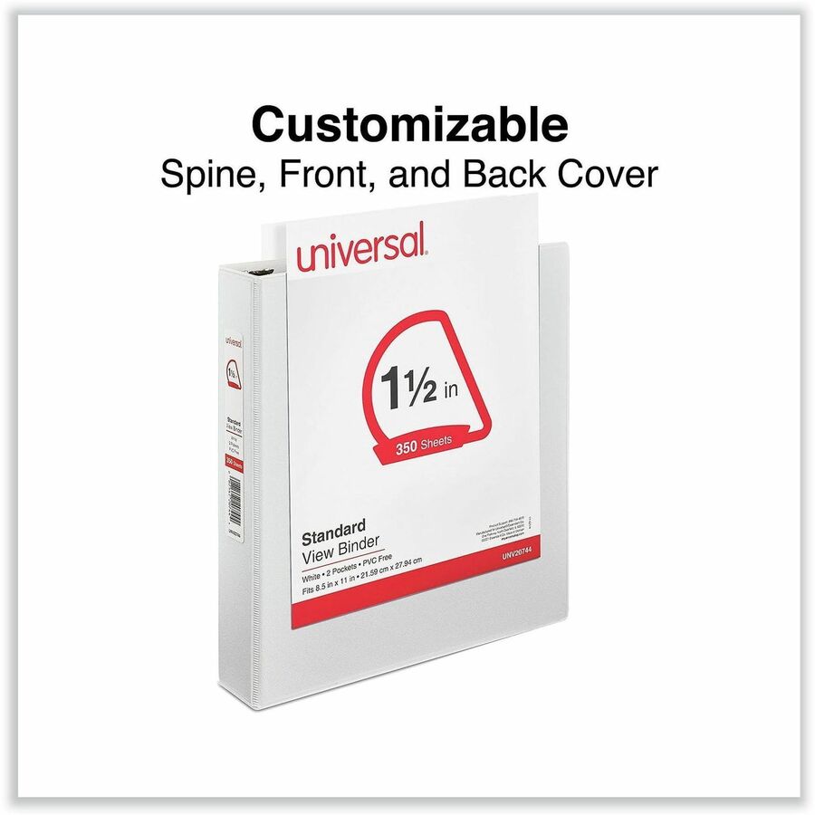 Universal Slant D-Ring View Binder, 3 Rings, 1.5" Capacity, 11 x 8.5, White - 1 1/2" Binder Capacity - Letter - 8 1/2" x 11" Sheet Size - 375 Sheet Capacity - 3 Ring(s) - Fastener(s): Ring - Pocket(s): 2, Inside Front & Back - Polypropylene - White - N...