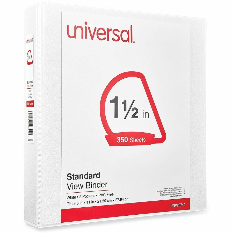 Universal Slant D-Ring View Binder, 3 Rings, 1.5" Capacity, 11 x 8.5, White - 1 1/2" Binder Capacity - Letter - 8 1/2" x 11" Sheet Size - 375 Sheet Capacity - 3 Ring(s) - Fastener(s): Ring - Pocket(s): 2, Inside Front & Back - Polypropylene - White - N...