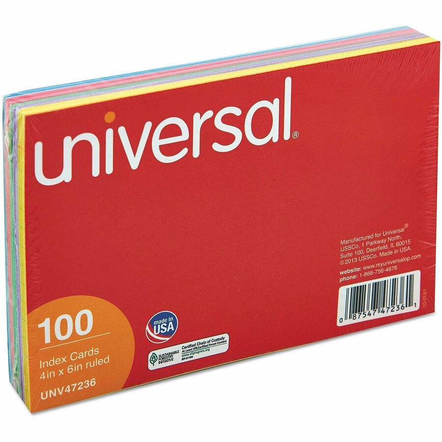 Universal Index Cards, Ruled, 4 x 6, Assorted, 100/Pack - 4" Width x 6" LengthRecycled - Ruled - 100 / Pack