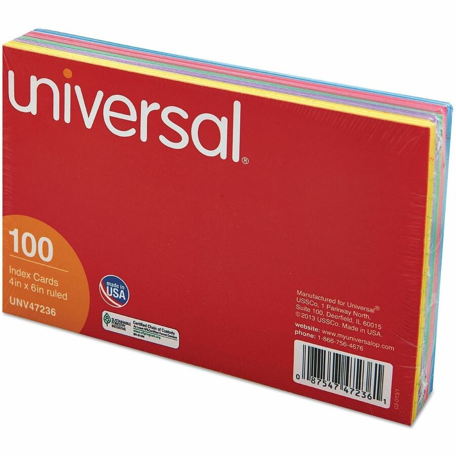 Universal Index Cards, Ruled, 4 x 6, Assorted, 100/Pack - 4" Width x 6" LengthRecycled - Ruled - 100 / Pack