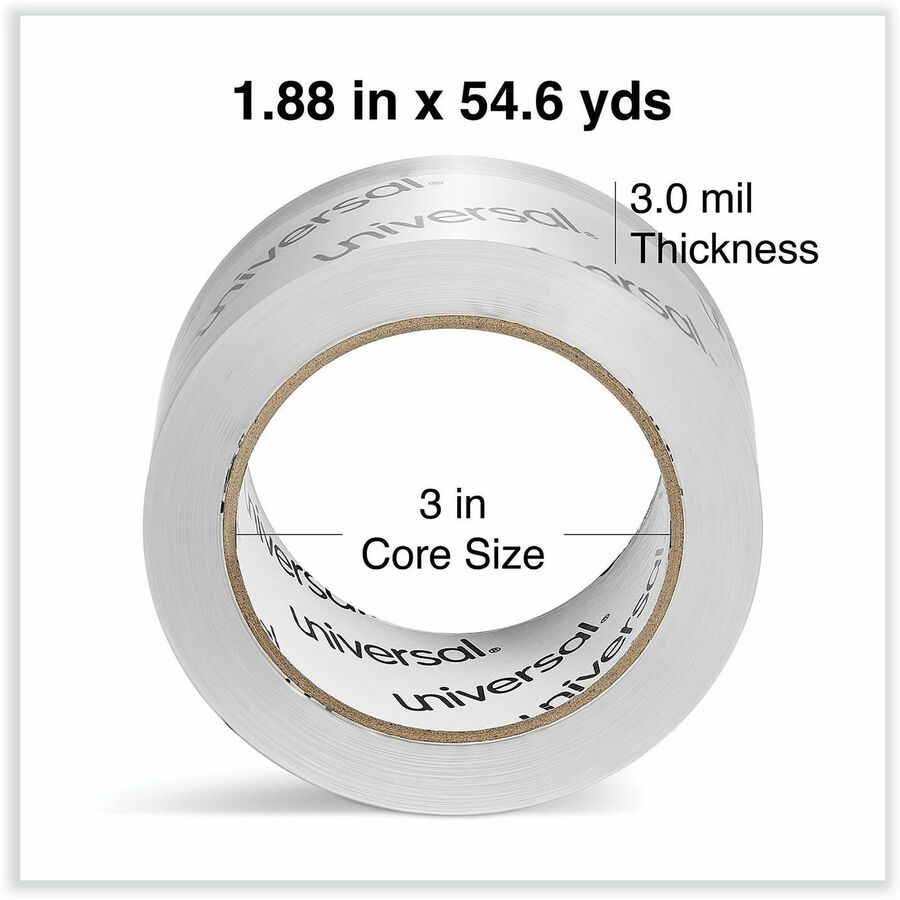 Universal Heavy-Duty Acrylic Box Sealing Tape, 3" Core, 1.88" x 54.6 yds, Clear, 6/Pack - 54.60 yd Length x 1.88" Width x 3 mil Thickness - 3" Core - Clear - Acrylic - Plastic Backing - 6 / Pack