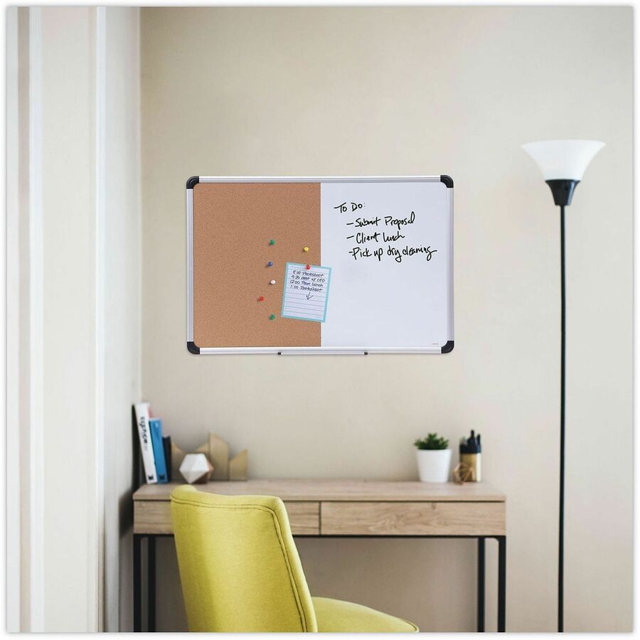 Universal Dry Erase/Bulletin Board - 36" (3 ft) Width x 24" (2 ft) Height - Tan Cork/Melamine Surface - Black Aluminum, Satin Frame - Magnetic - 1 Each