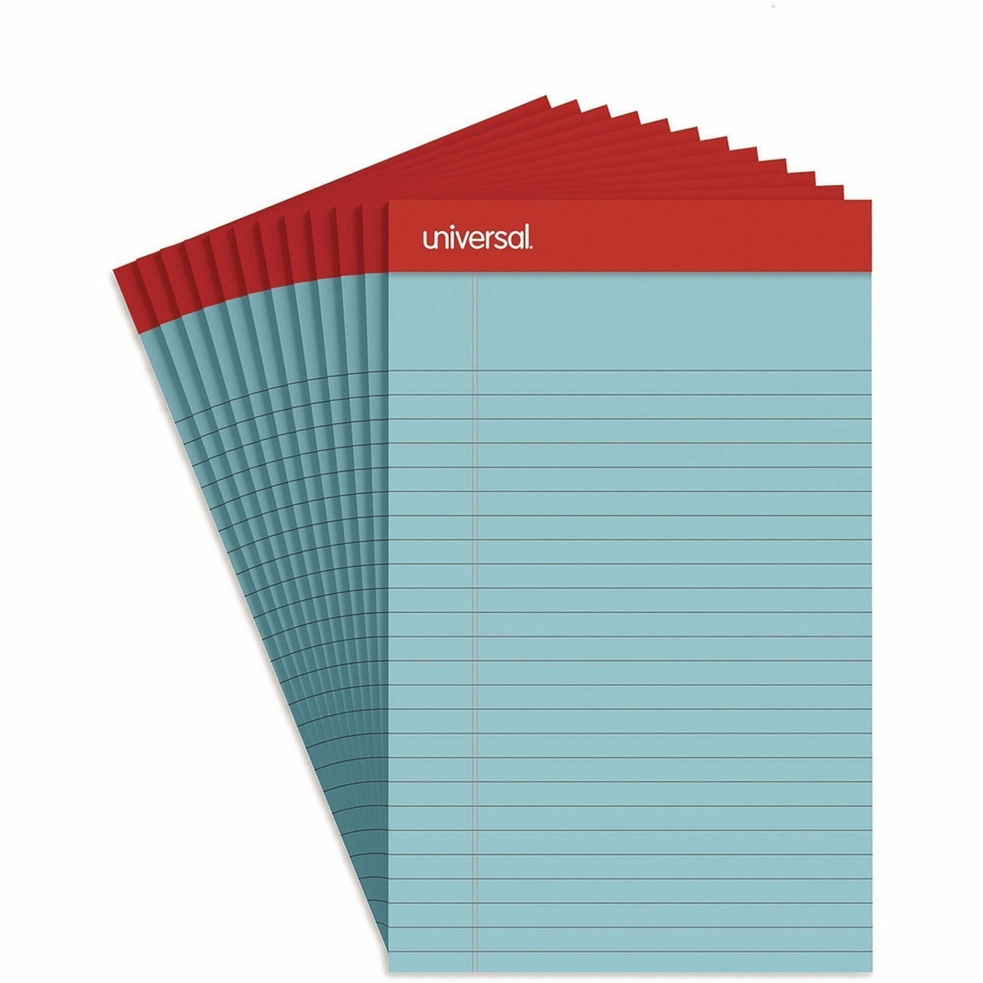 Universal Colored Perforated Ruled Writing Pads, Narrow Rule, 50 Blue 5 x 8 Sheets, Dozen - 1 Subject(s) - 50 Sheets - Tape Bound - Narrow Ruled Front Ruling - 16 lb Basis Weight - 8" Height x 5" Width - Blue Paper - Chipboard Cover - 1 Dozen