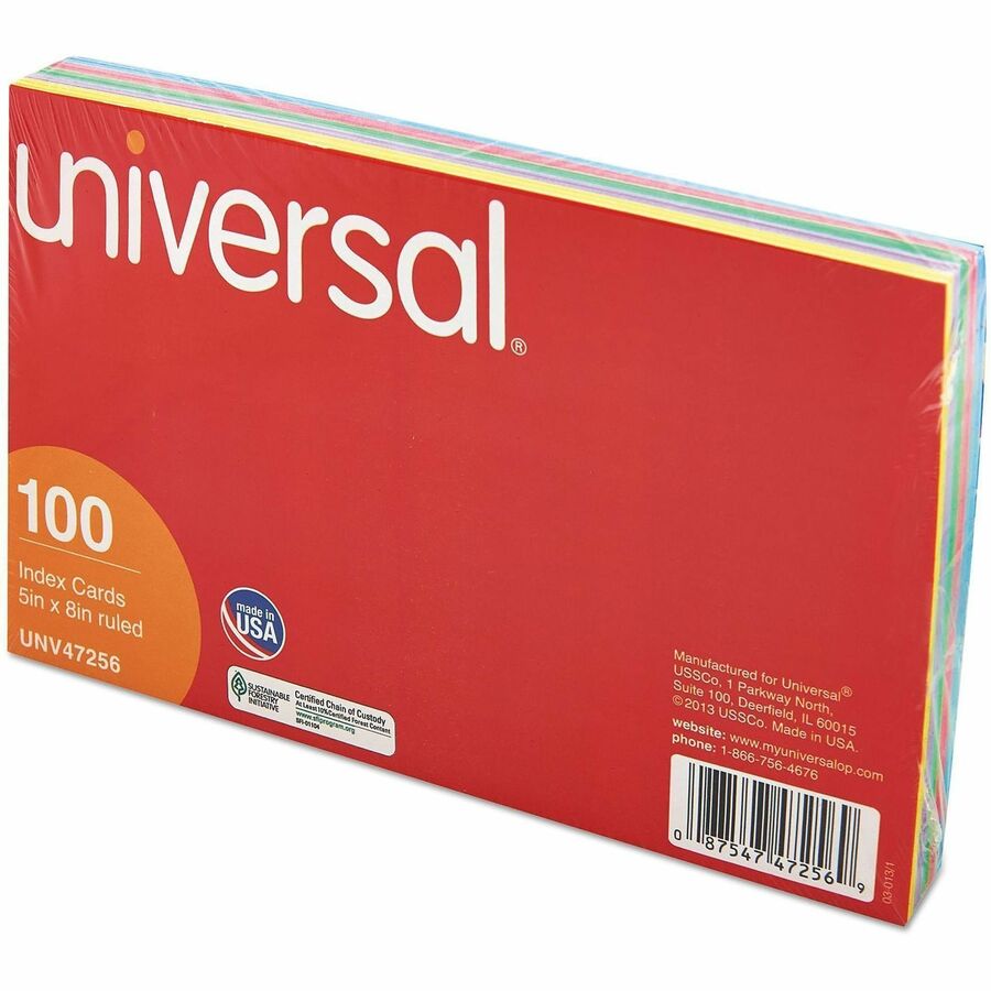 Universal Index Cards, Ruled, 5 x 8, Assorted, 100/Pack - 5" Width x 8" LengthRecycled - Ruled - 100 / Pack