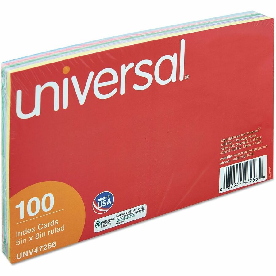 Universal Index Cards, Ruled, 5 x 8, Assorted, 100/Pack - 5" Width x 8" LengthRecycled - Ruled - 100 / Pack