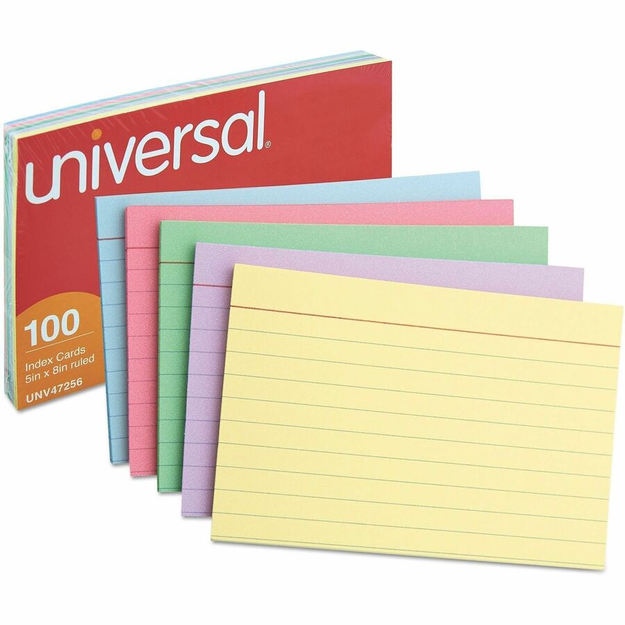 Universal Index Cards, Ruled, 5 x 8, Assorted, 100/Pack - 5" Width x 8" LengthRecycled - Ruled - 100 / Pack