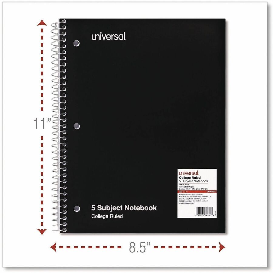 Universal Notebook - 5 Subject(s) - 200 Sheets - Spiral - Medium Ruled, College Ruled Front Ruling - 3 Hole(s) - 15 lb Basis Weight - 11" Height x 8.5" Width - White Paper - Black Paperboard Cover