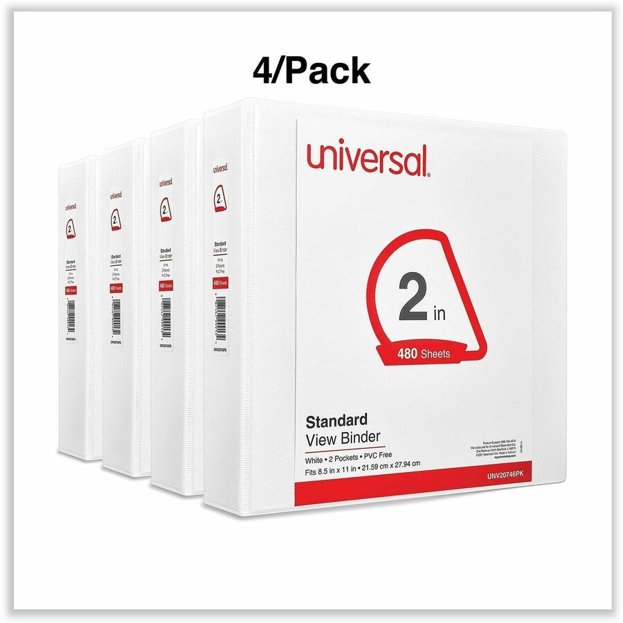 Universal Slant D-Ring View Binder, 3 Rings, 2" Capacity, 11 x 8.5, White, 4/Pack - 2" Binder Capacity - Letter - 8 1/2" x 11" Sheet Size - 500 Sheet Capacity - 3 Ring(s) - Fastener(s): Ring - Pocket(s): 2, Inside Front & Back - Polypropylene - White -...