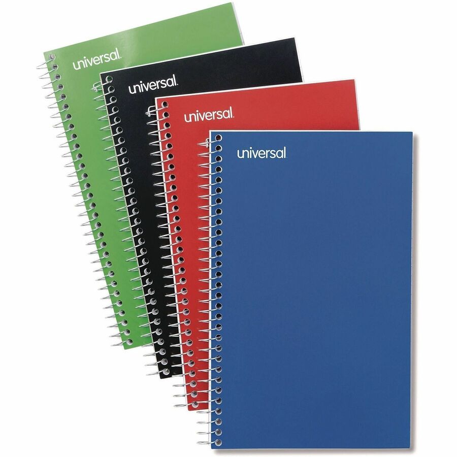 Universal Notebook - 3 Subject(s) - 120 Sheets - Spiral - Medium Ruled, College Ruled Front Ruling - 15 lb Basis Weight - 9.50" Height x 6" Width - White Paper - Black Paperboard, Blue, Green, Red Cover - 4 / Pack