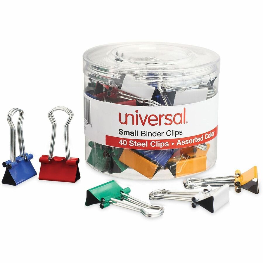 Universal Binder Clips with Storage Tub, Small, Assorted Colors, 40/Pack - Small - 0.7" Width - 0.38" Size Capacity - Assorted, Blue, Gold, Green, Red, White - Metal, Steel Wire - 40 / Pack