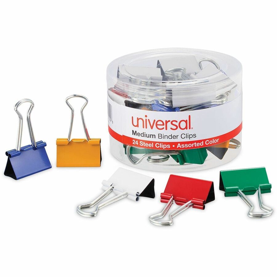 Universal Binder Clips with Storage Tub, Medium, Assorted Colors, 24/Pack - Medium - 1.3" Width - 0.63" Size Capacity - Assorted, Blue, Gold, Green, White, Red - Metal, Steel Wire - 24 / Pack