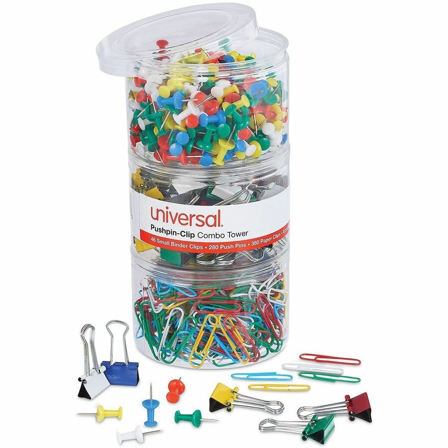 Universal Binder Clip/Paper Clip/Push Pin Set - Assorted Sizes - Assorted, Blue, Green, Red, White, Yellow - Metal, Plastic - 6 Kit