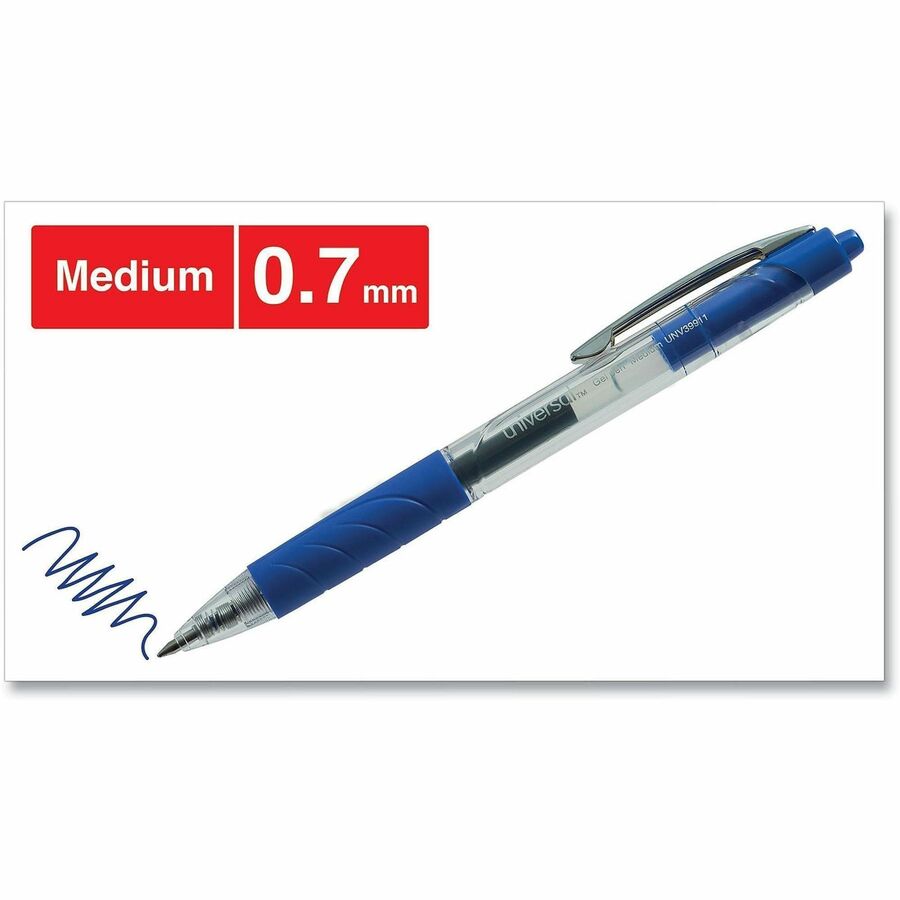 Universal Comfort Grip Gel Pen - 0.7 mm Medium Conical Pen Point - Retractable - Blue Ink - Water Based - Clear, Blue Barrel - 36 / Pack
