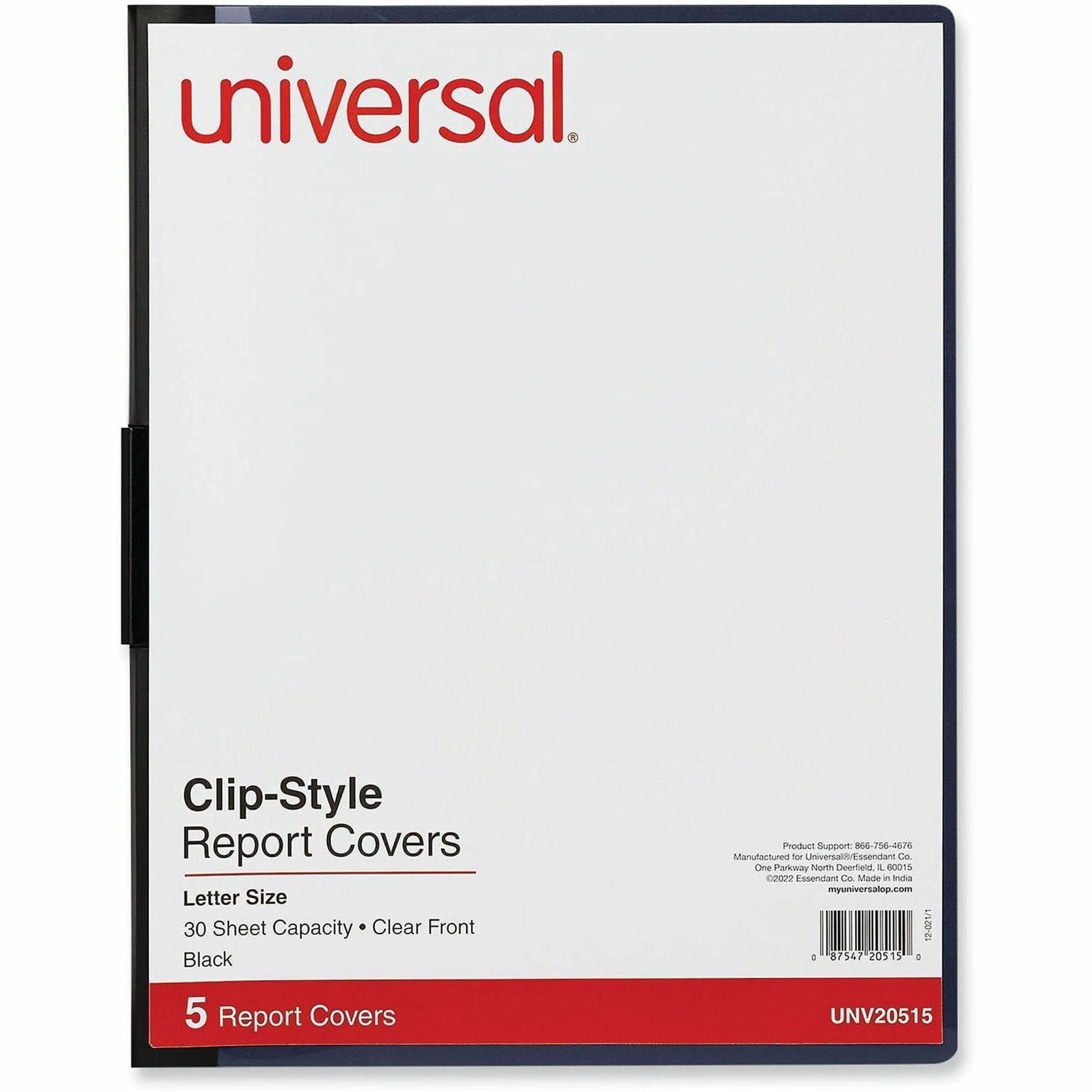 Universal Report Cover - 8 1/2" x 11" - 30 Sheets Capacity - 1 x Clip Fastener(s) - Unpunched - 5 Pack